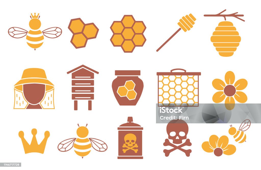 Vector icon set for creating infographics related to bees, pollination and beekeeping like honey jar, flower and honeycomb icon set Beehive stock vector
