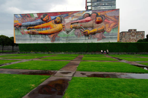 Mexico City, Mexico - 2018: UNAM Rectorate building, displaying a Siqueiros mural, is located at the main campus, a UNESCO World Heritage Site.