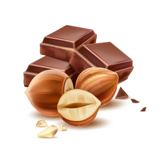 Vector illustration of Vector realistic chocolate piece with 3d hazelnut