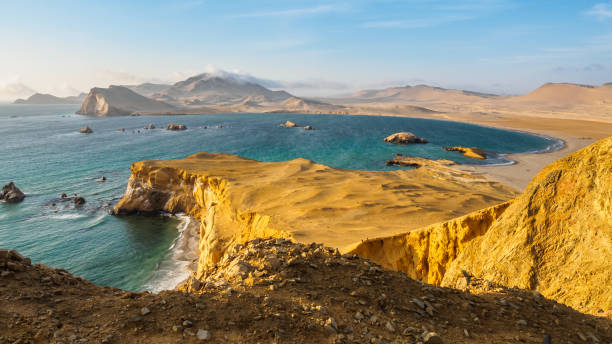 Coast of Paracas in Peru during the sunset, panoramic view of the coast and the desert stock photo