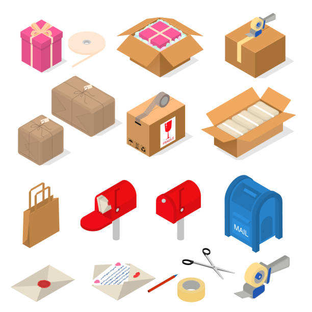 ilustrações de stock, clip art, desenhos animados e ícones de post office packing sign 3d icon set isometric view. vector - packaging packing adhesive tape box