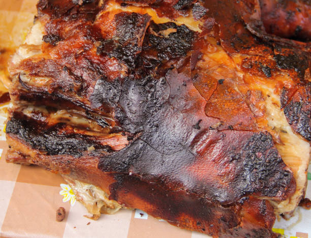 A macro close up view of backed pork meat.