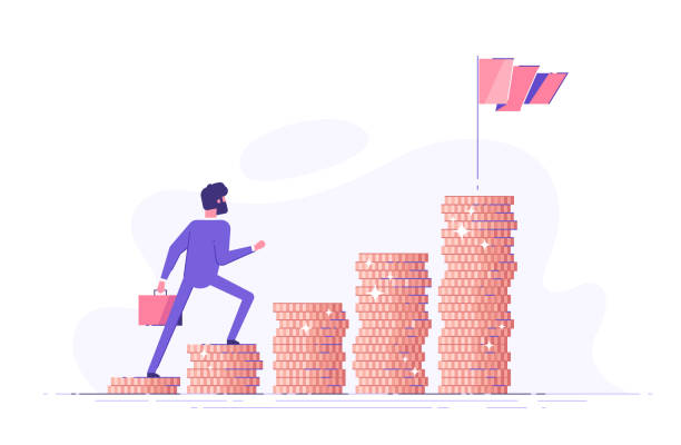 Business man is climbing stairs from stacks of coins toward his financial goal. Personal investment and pension savings concept. Modern vector illustration. Business man is climbing stairs from stacks of coins toward his financial goal. Personal investment and pension savings concept. Modern vector illustration. top gold ira stock illustrations