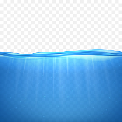 Realistic 3d Detailed Transparent Underwater Background Blue Sea or Ocean Water Surface with Sunlight Effect. Vector illustration