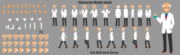 ilustrações, clipart, desenhos animados e ícones de reviravolta do caráter do cientista com seqüência da animação do ciclo da caminhada - looping animation