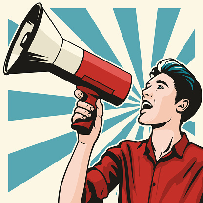 Retro pop art illustration of a handsome young man shouting into a megaphone.