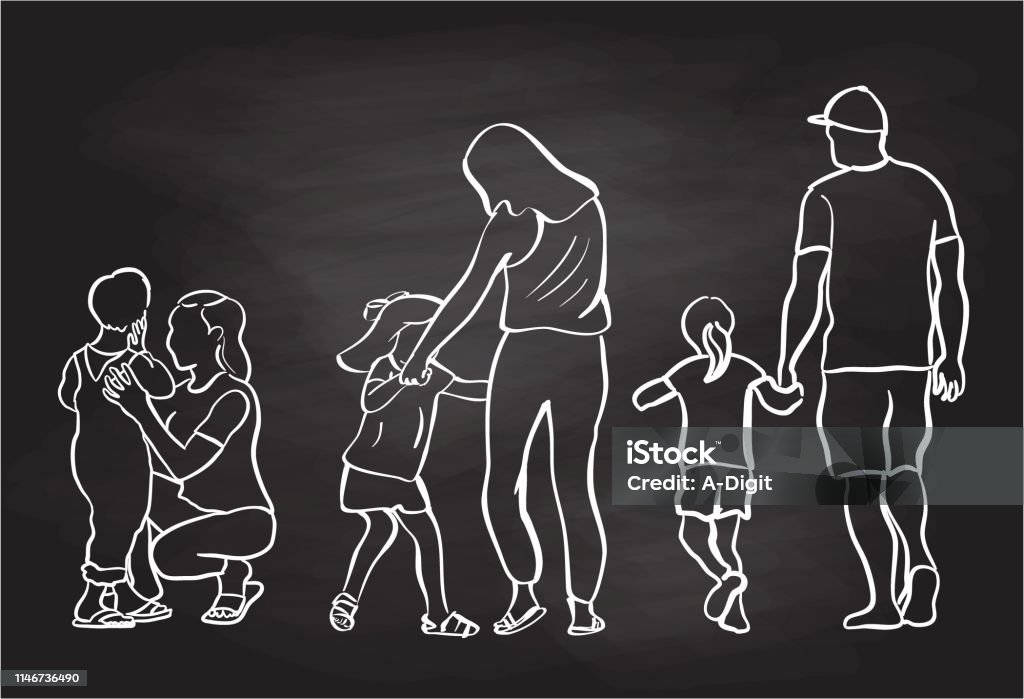 Parenting Styles Chalkboard Different styles of parenting, vector drawing showing moms and dad taking care of their own child Love - Emotion stock vector