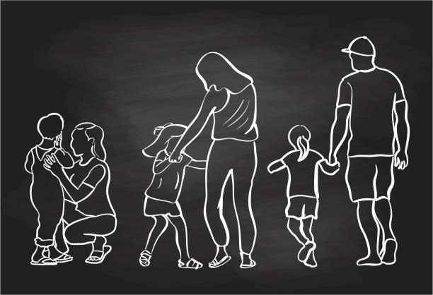 Parenting Styles Chalkboard Different styles of parenting, vector drawing showing moms and dad taking care of their own child baby boy dancing with his mommy stock illustrations