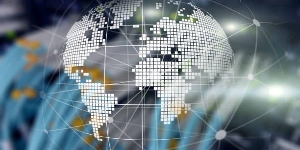 istock Futuristic modern data center with Holographic 3d planet earth Technology Banner. Telecommunication internet concept 1146740439
