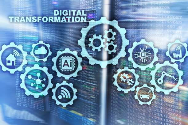 istock Digital Transformation Concept of digitalization of technology business processes. Datacenter background. 1146740475