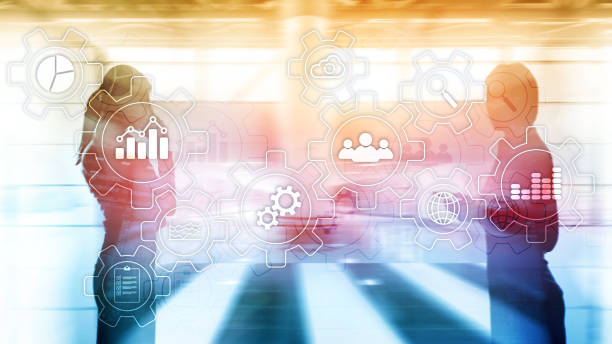 istock Business process abstract diagram with gears and icons. Workflow and automation technology concept 1146740743