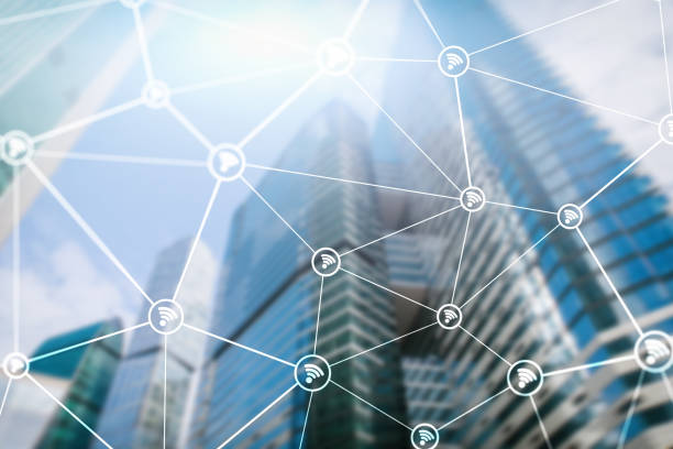 istock Wifi network on blurred business center background. 1146740819