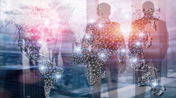 istock Global World Map Double Exposure Network. Telecommunication, International business Internet and technology concept 1146740897