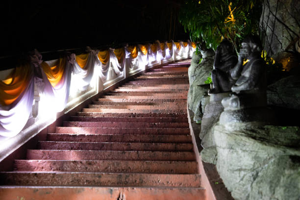 Low angle view of stairs at night from a Thailand temple