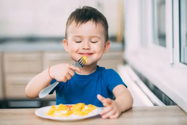 Photo of a child in a t-shirt in the kitchen eating an omelet, a fork
