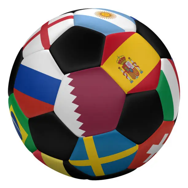 Soccer ball with flags, isolated on white background. 3D rendering.