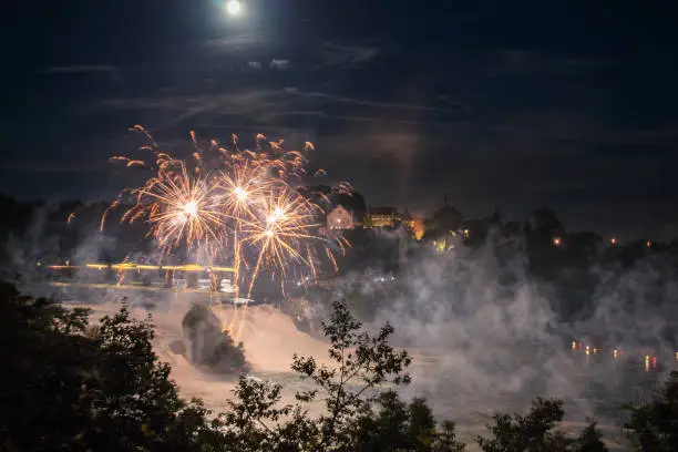 Rhinefalls with the firework on 1. August - the Swiss National Day