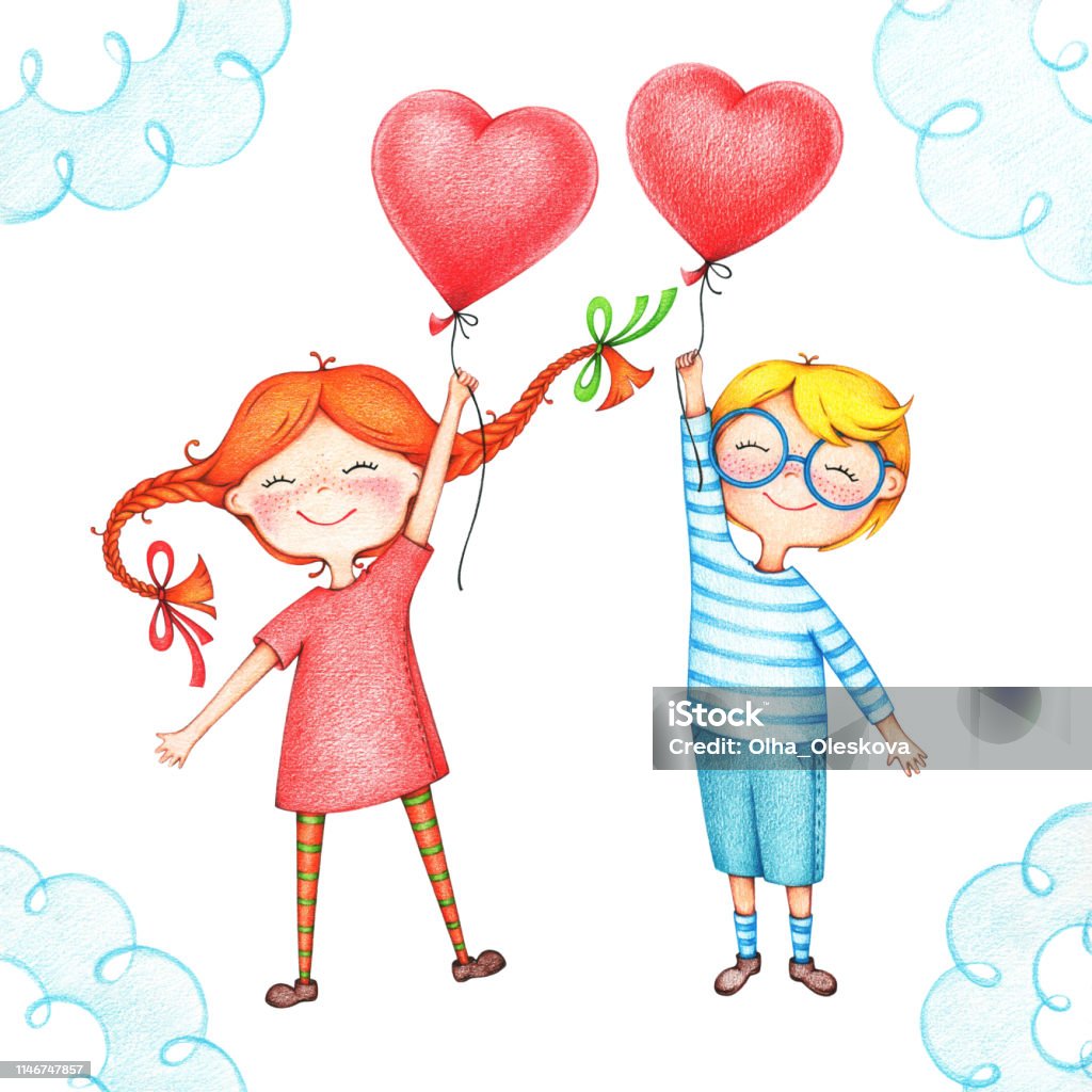 illustration of sentimental happy couple hand drawn picture of kids flying with red balloons by the color pencils. illustration of sentimental happy couple Adult stock illustration