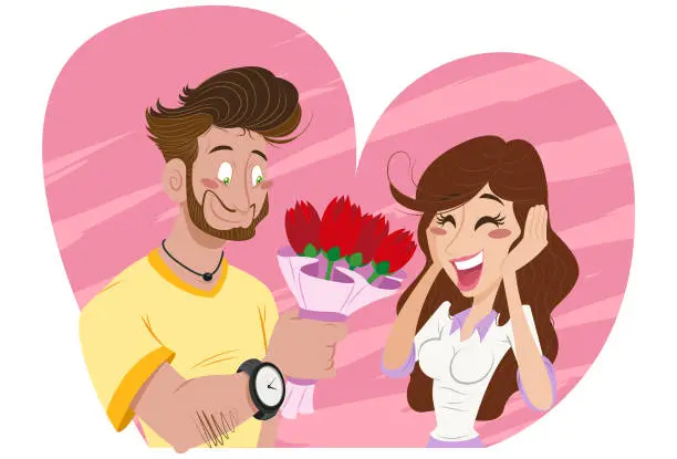Vector illustration of Delivering Flowers to Girlfriend on Valentine's Day