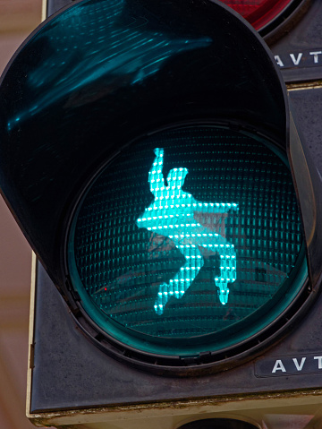 Friedberg, Germany stoplight for pedestrians with Elvis Presley silhouette in dancing pose. Presley was stationed in Friedberg from 1958 to 1960 as a soldier.