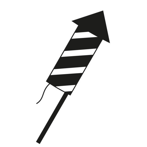 Back and white firework rocket Black and white firework rocket. Holiday party element. Birthday themed vector illustration for icon, stamp, label, certificate, brochure, gift card, poster, coupon or banner decoration firework explosive material stock illustrations