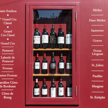 Saint Emilion, France - September 8, 2018: Exterior of a wine shop in Saint Emilion in France. St Emilion is one of the principal red wine areas of Bordeaux and very popular tourist destination.