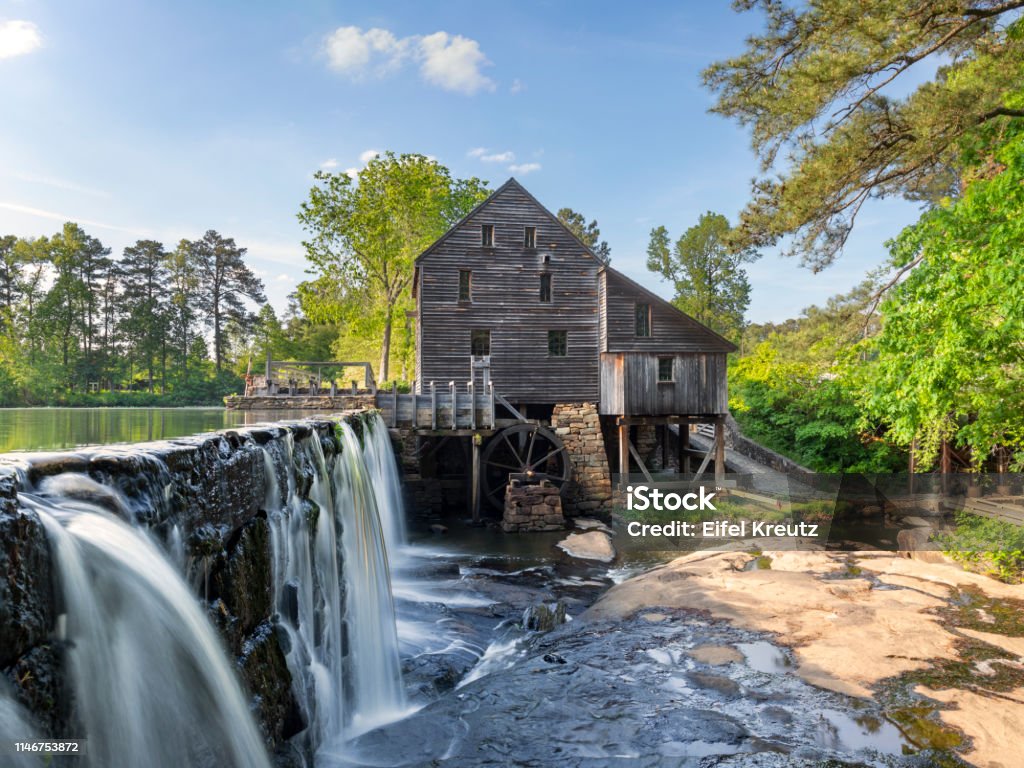 Historic Yates Grist Mill Historic 18th century grist mill near Raleigh, NC. North Carolina - US State Stock Photo