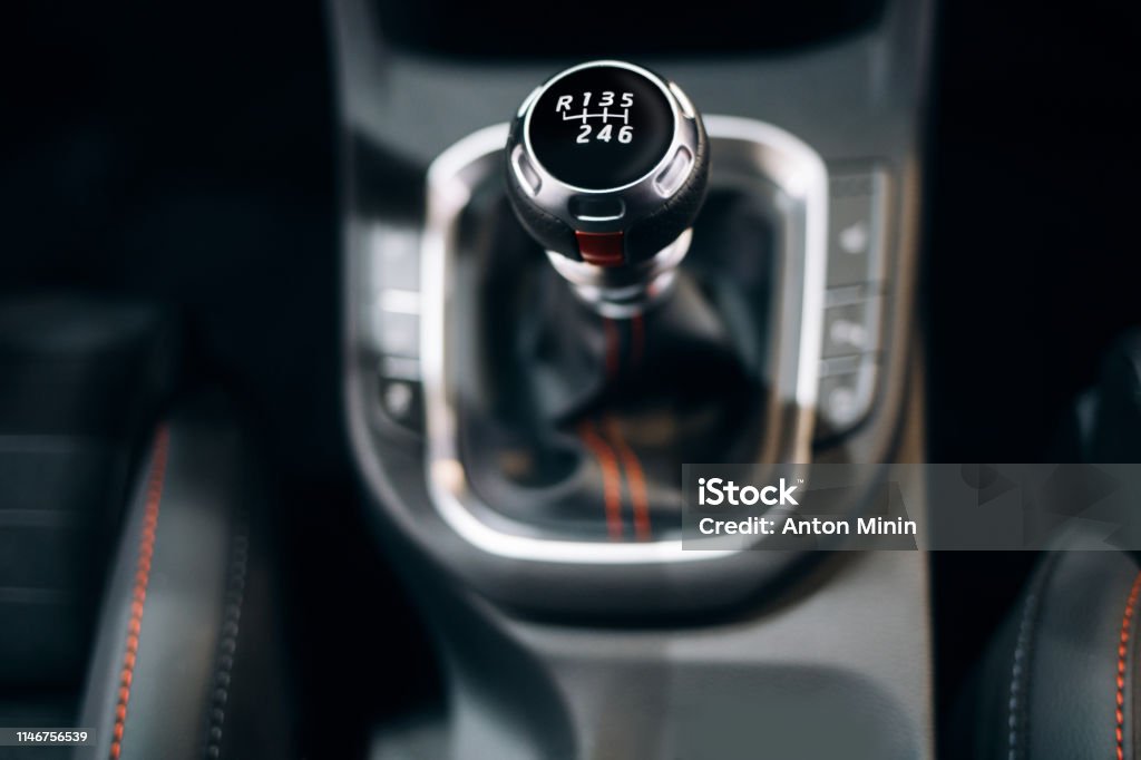Manual gearbox handle in the modern car Car Stock Photo