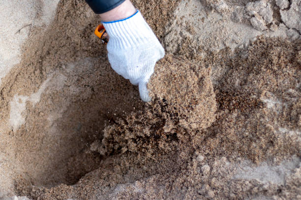 istock Worker in the blue boilersuit and work gloves with shovel is on the construction site and blurred modern excavator that performs excavation work on the construction site during reconstruction place 1146758841