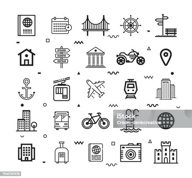 Travel Agencies Tour Operators Line Style Vector Icon Set Stock Illustration - Download Image Now