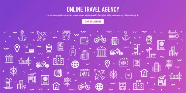 Vector illustration of Online Travel Agency Outline Style Web Banner Design