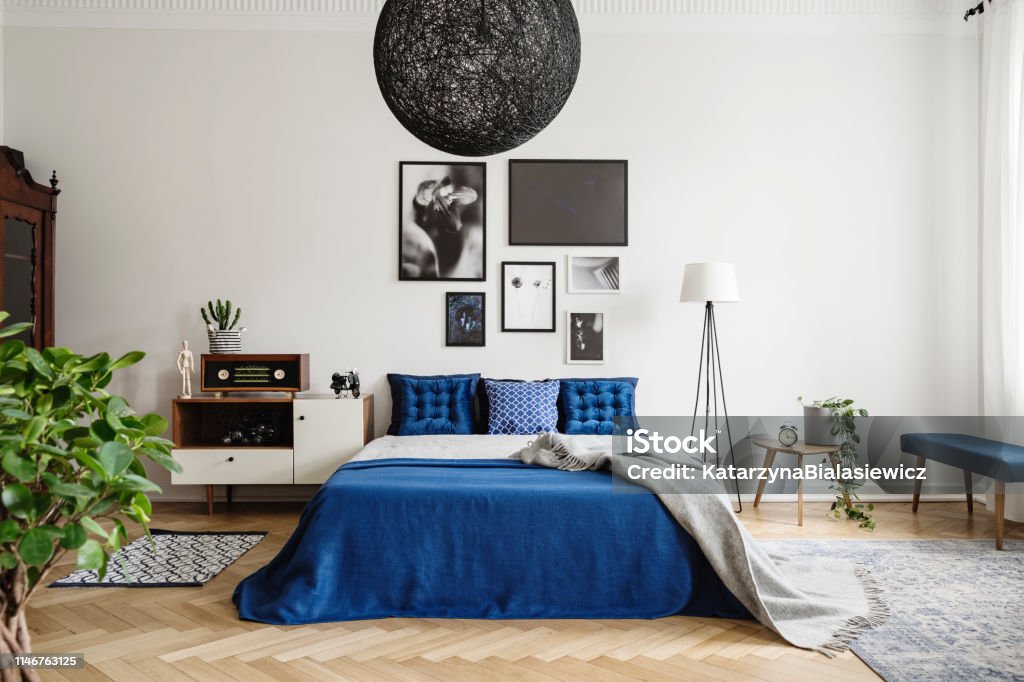Black chandelier in navy blue bedroom in tenement house. Floor lamp between king size bed and small table with pot and clock on it. Real photo concept Bedroom Stock Photo