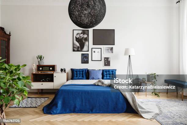 Black Chandelier In Navy Blue Bedroom In Tenement House Floor Lamp Between King Size Bed And Small Table With Pot And Clock On It Real Photo Concept Stock Photo - Download Image Now