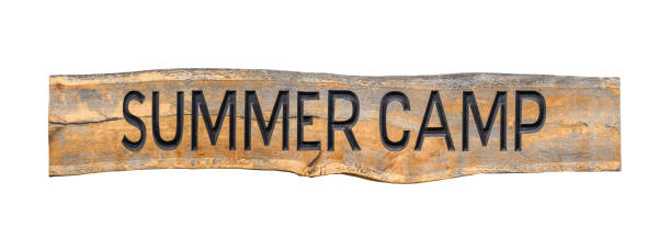 Isolated Wooden Summer Camp Sign Isolated Retro Rustic Wooden Summer Camp Sign summer camp cabin stock pictures, royalty-free photos & images