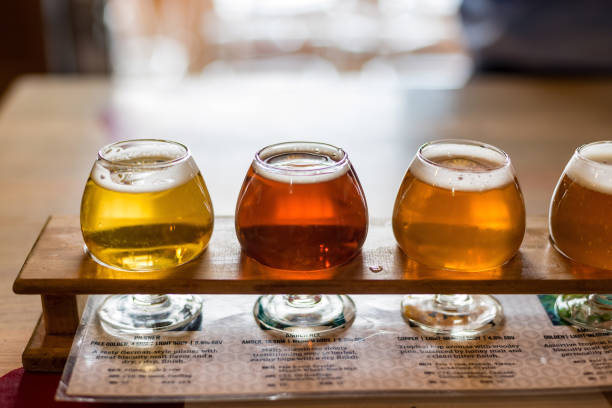 Closeup of craft beer flight in sunlight