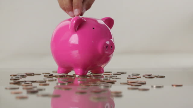 Hand puts coins into piggy bank