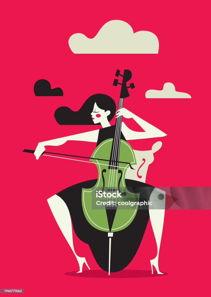 Female Cello Player Vector illustration of a girl sitting on a chair and playing the cello with clouds in the background Cello stock vector