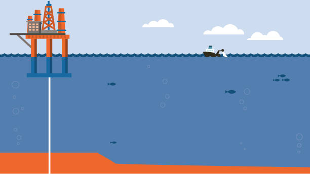 Oil drilling Rig, drilling into the ocean floor - flat icon illustration vector art illustration