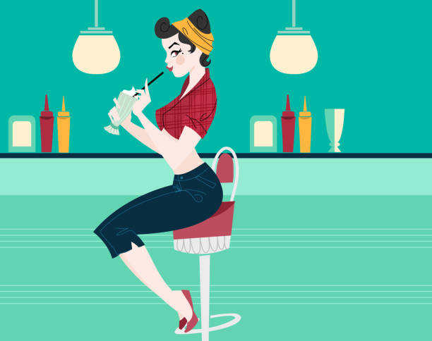 Vintage Diner Pin-Up Girl Restro style vector illustration of a  Diner Pin-Up girl Cartoon, sitting at the counter with a milkshake diner illustrations stock illustrations