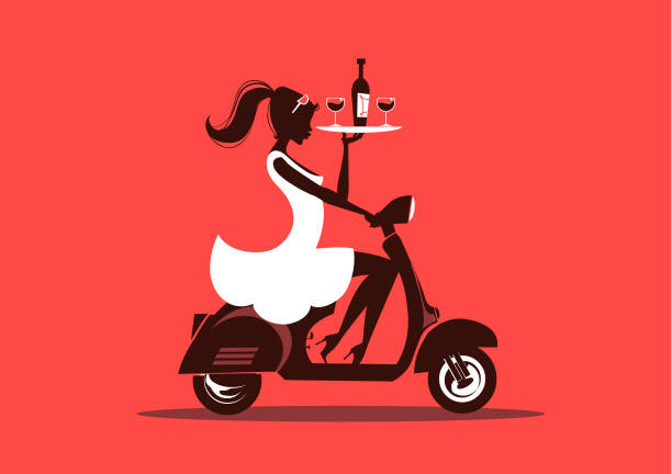 ilustrações de stock, clip art, desenhos animados e ícones de waitress silhouette with wine bottle, glasses and vespa scooter - vespa scooter