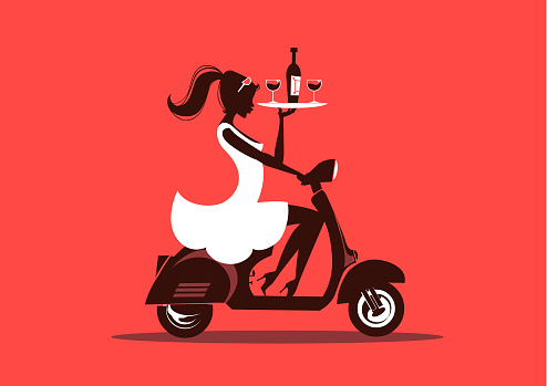 Vector illustration of a woman silhouette delivering a wine bottle and glasses on a Vespa scooter