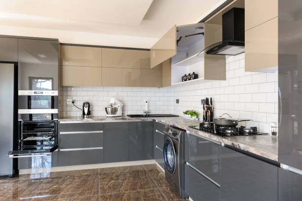 istock Luxury modern white, beige and grey kitchen interior 1146772950