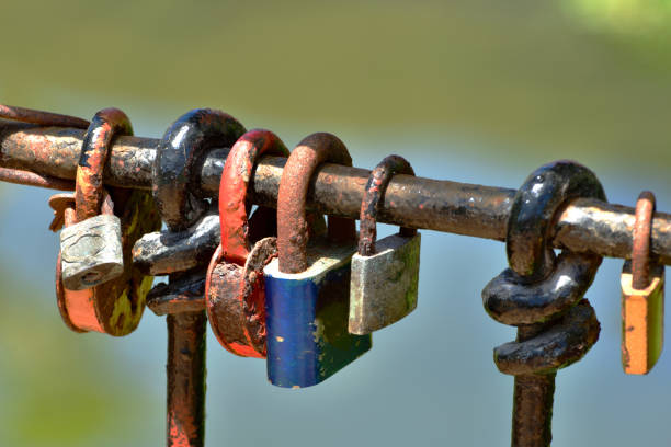 istock Various Colorful Locks Hanging on a Metal Railing Outside 1146778855