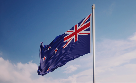 High quality 3d render of a New Zealand flag waving with wind over blue sky. Great use for New Zealand politics and New Zealand culture related concepts.