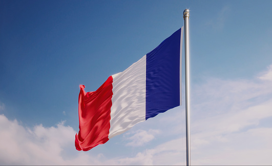 High quality 3d render of a French flag waving with wind over blue sky. Great use for French politics and French culture related concepts.