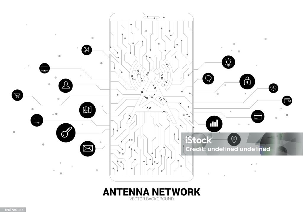 Vector antenna tower icon on mobile phone from dot connect line circuit board style mobile data icon. Concept for data transfer of mobile and wi-fi data network. Antenna - Aerial stock vector