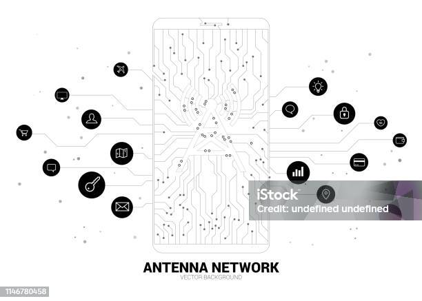 Vector Antenna Tower Icon On Mobile Phone From Dot Connect Line Circuit Board Style Mobile Data Icon Stock Illustration - Download Image Now