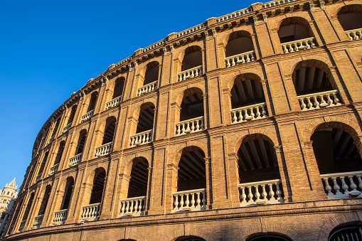 A view of the exterior of the Bullring of Valencia, also known as the Plaza de Toros de Valencia, in the the historic city of Valencia in Spain.
