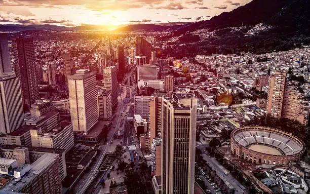 Panoramic aerial view of downtown Bogota Colombia on a beautiful golden sunset.