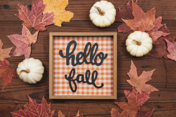 istock Hello fall sign with autumn leaves and pumpkins 1146783236